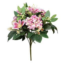 Foto van Louis maes kunstbloemen boeket roos/hortensia/lelie - roze/wit - h39 cm - bloemstuk - bladgroen - kunstbloemen