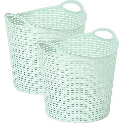 Foto van Plasticforte gevlochten wasmand/opbergmand - 2x - flexibel - lichtgroen - 27 liter - rond - kunststof - wasmanden