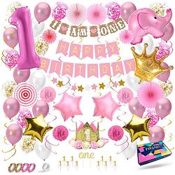Foto van Fissaly® baby 1 jaar verjaardag versiering meisje xxl - happy birthday kind decoratie incl. ballonnen - roze