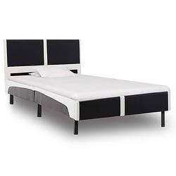 Foto van The living store bedframe - klassiek zwart-wit ijzeren bedframe met multiplex hoofdeinde en gepoedercoat stalen poten -