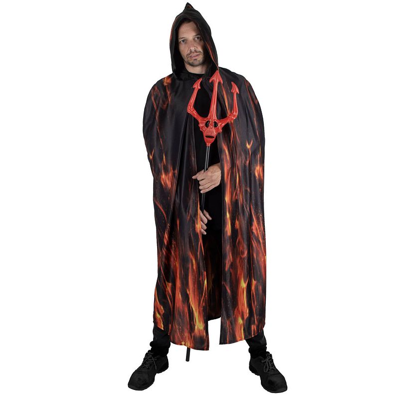 Foto van Funny fashion halloween verkleed cape met kap - vlammen print - carnaval kostuum/kleding - carnavalskostuums