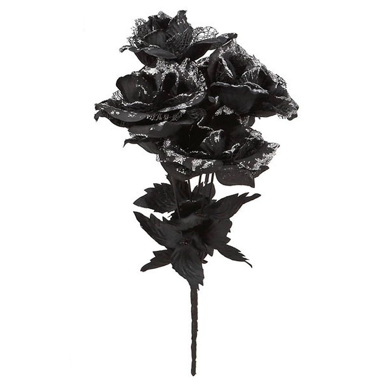 Foto van Halloween accessoires bloemen - zwarte rozen met blaadjes - 35 cm - verkleedattributen