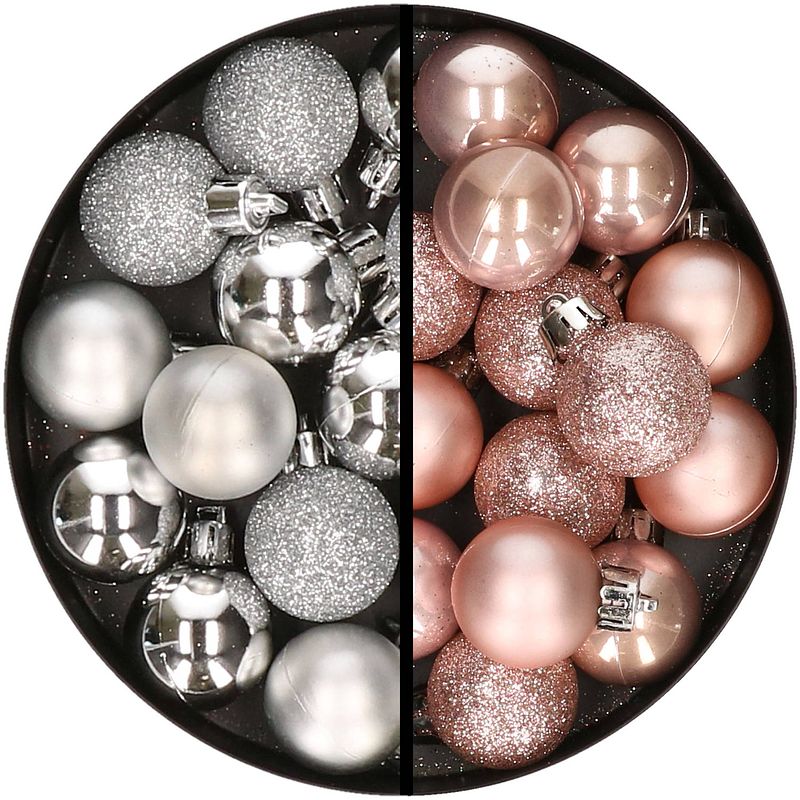 Foto van 34x stuks kunststof kerstballen zilver en lichtroze 3 cm - kerstbal