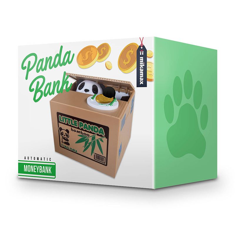 Foto van Panda bank - stelende panda - stimulans om te sparen - 10 x 11,5 x 12 cm - panda spaarpot - groen/zwart