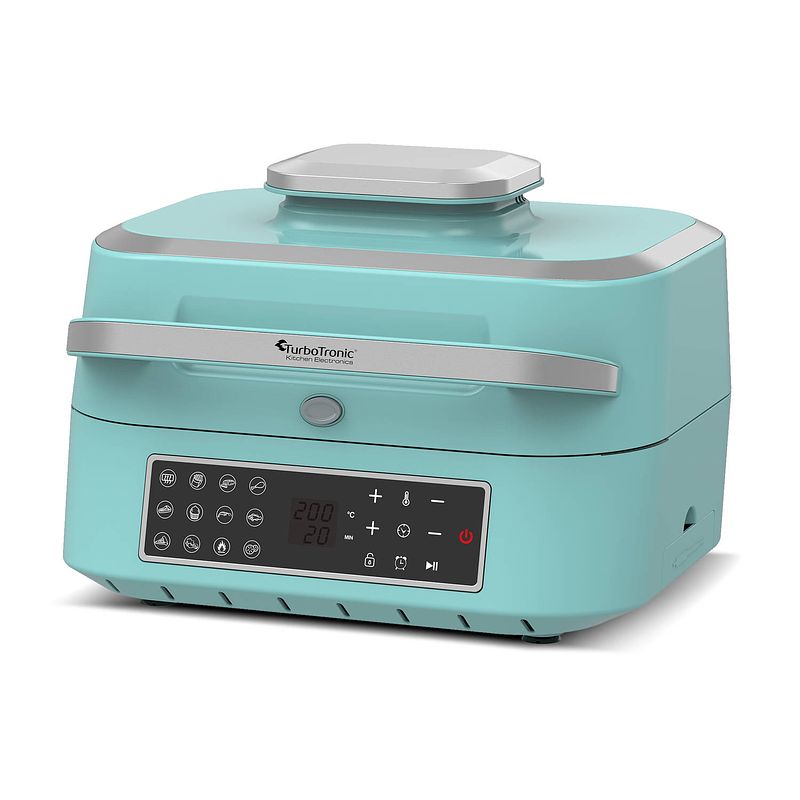 Foto van Turbotronic ag700 2-in-1 airfryer en grill met slimme thermometer - 6.5l - turquoise/zilver