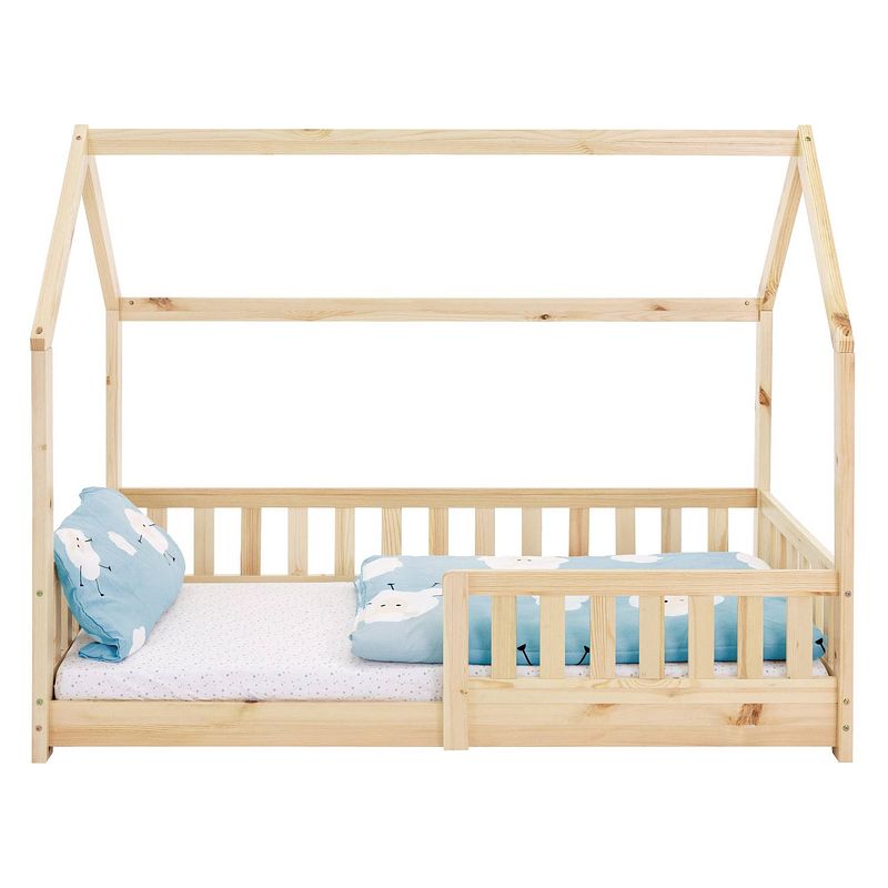 Foto van Kinderbed met bescherming tegen uitvallen lattenbodem en dak 80x160 cm natuurlijk dennenhout ml-design