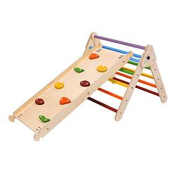 Foto van Katehaa klimdriehoek van hout met ladder & klimwand in regenboogkleuren indoor klimrek voor kinderen