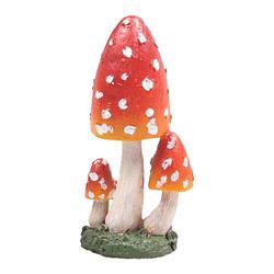 Foto van Decoratie huis/tuin beeldje paddenstoelen - hoge hoed - vliegenzwammen - rood/wit - 10 cm - tuinbeelden