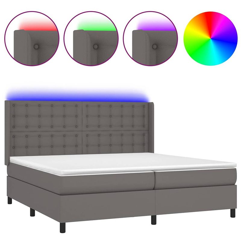 Foto van The living store boxspring bed - grijs kunstleer - 203 x 203 x 118/128 cm - led verlichting