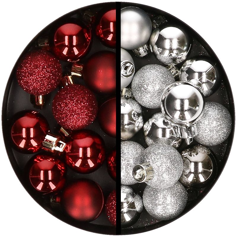 Foto van 34x stuks kunststof kerstballen donkerrood en zilver 3 cm - kerstbal