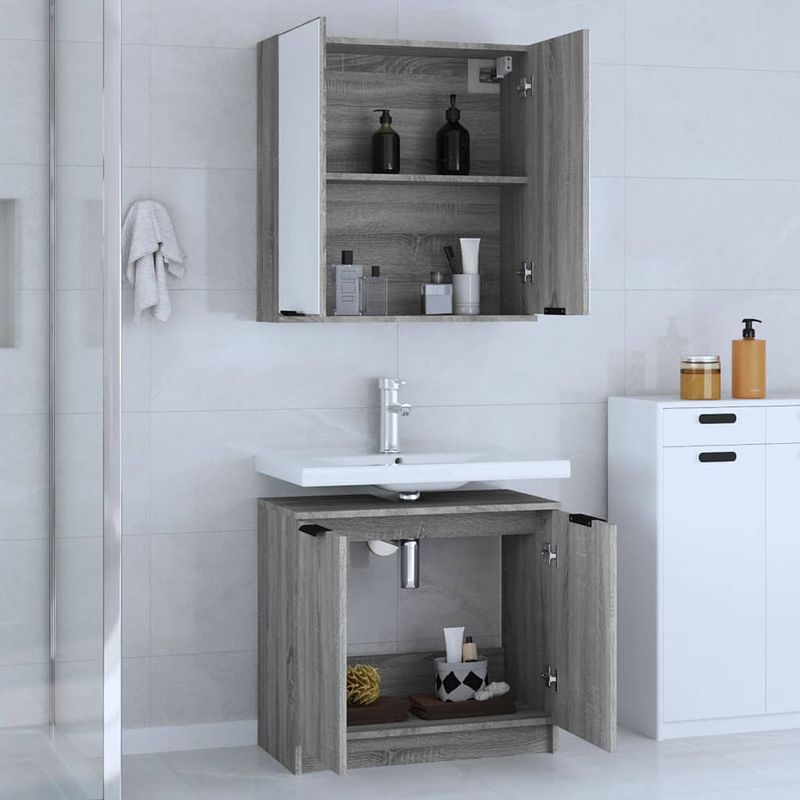 Foto van Infiori 2-delige badkamermeubelset bewerkt hout grijs sonoma eikenkleur