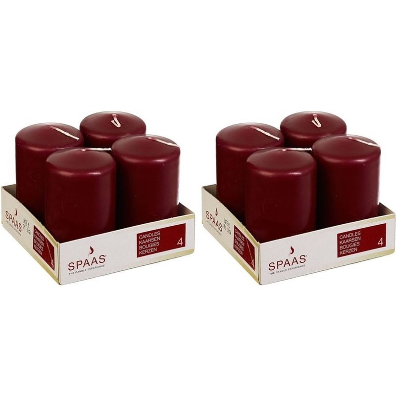 Foto van 8x kaarsen bordeaux rood 5 x 8 cm 12 branduren sfeerkaarsen - stompkaarsen