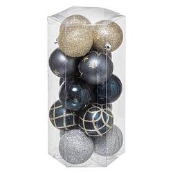 Foto van 15x stuks kerstballen mix goud/blauw/zilver gedecoreerd kunststof 5 cm - kerstbal