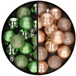 Foto van 28x stuks kleine kunststof kerstballen groen en lichtbruin 3 cm - kerstbal