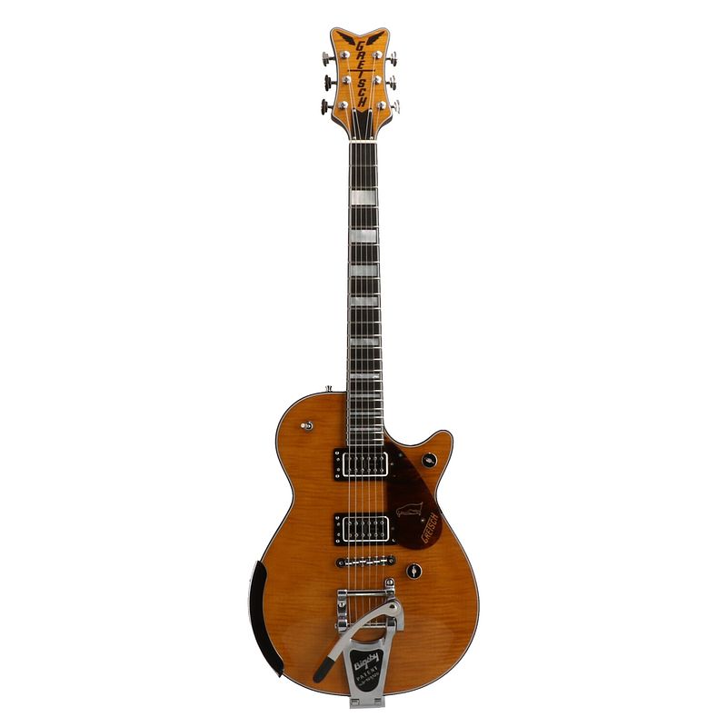 Foto van Gretsch g6134tfm-nh nigel hendroff signature penguin amber flame elektrische gitaar met koffer