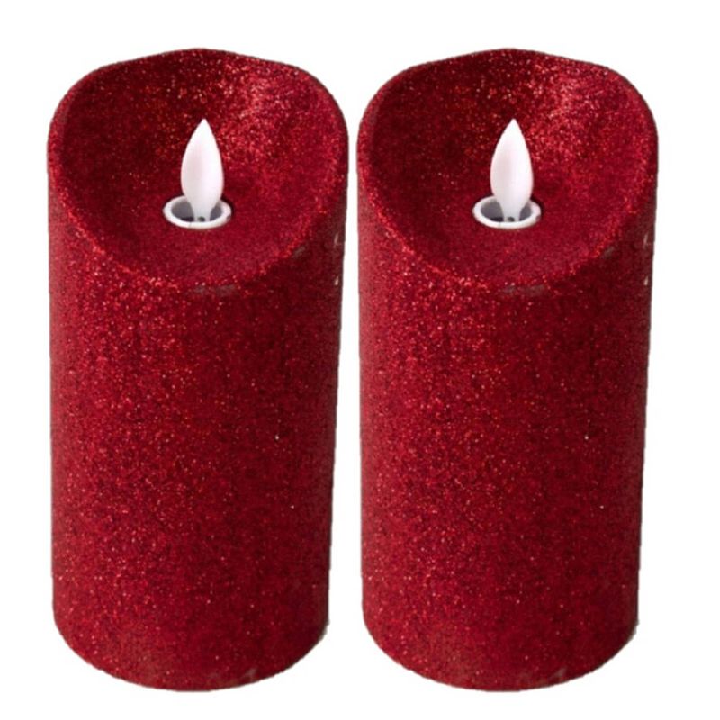 Foto van Gerim led kaars/stompkaars - 2x - rood - h15 cm - glitter - led kaarsen