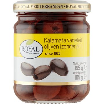 Foto van Royal mediterranean kalamata varieteit olijven (zonder pit) 195g bij jumbo