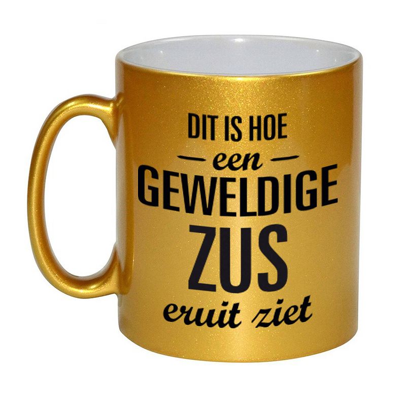 Foto van Gouden geweldige zus cadeau koffiemok / theebeker 330 ml - feest mokken