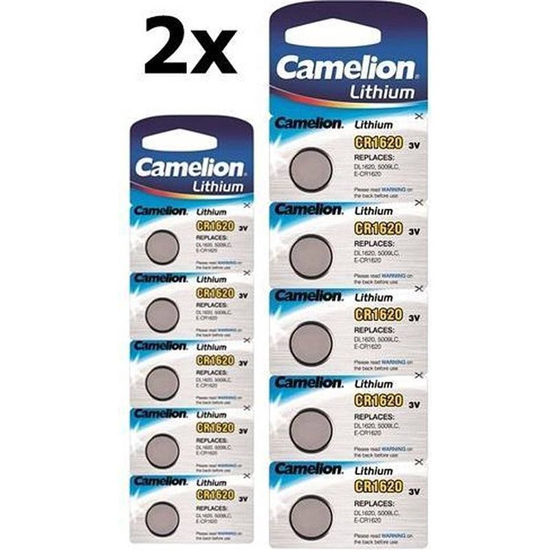 Foto van 10 stuks (2 blister a 5st) camelion cr1620 3v lithium knoopcelbatterij