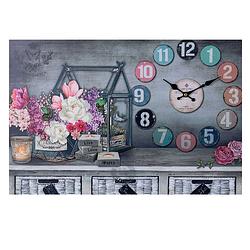 Foto van Xl canvas schilderij wandklok clock gardenhouse candles en flowers met