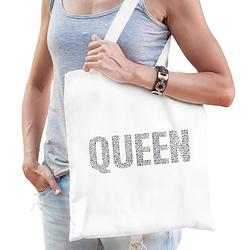 Foto van Glitter queen katoenen tas wit rhinestones steentjes voor dames - glitter tas/ outfit - feest boodschappentassen