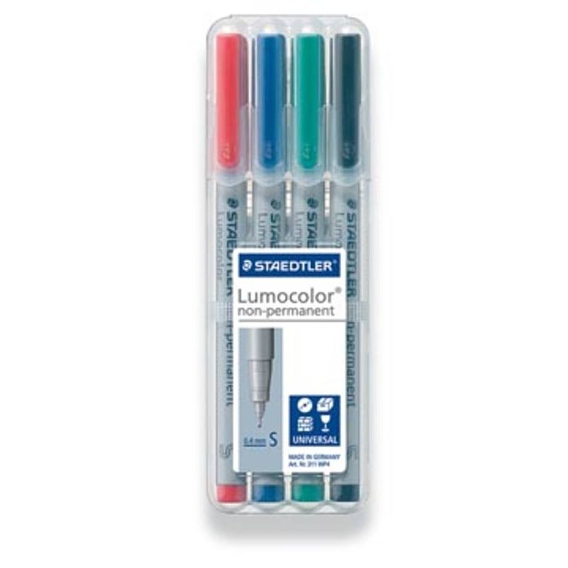 Foto van Staedtler ohp-marker lumocolor non-permanent geassorteerde kleuren, box met 4 stuks, superfijn 0,4 mm