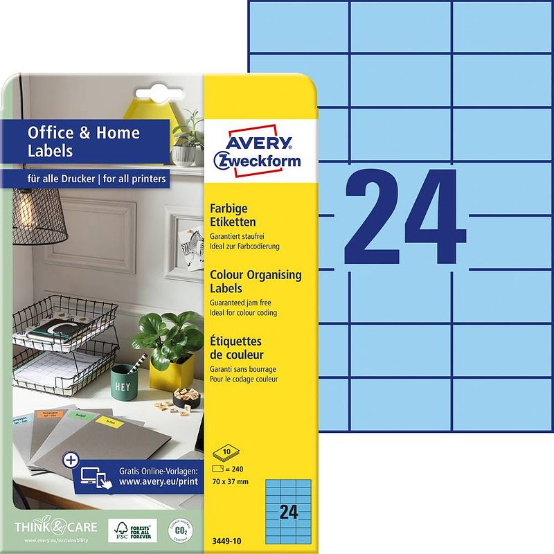 Foto van Avery-zweckform 3449-10 etiketten 70 x 37 mm papier blauw 240 stuk(s) permanent universele etiketten 10 vel din a4