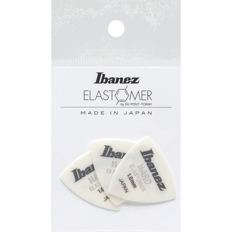 Foto van Ibanez bel8hd10 elastomer plectrums 3-pack hard 1.0 mm - wit triangle