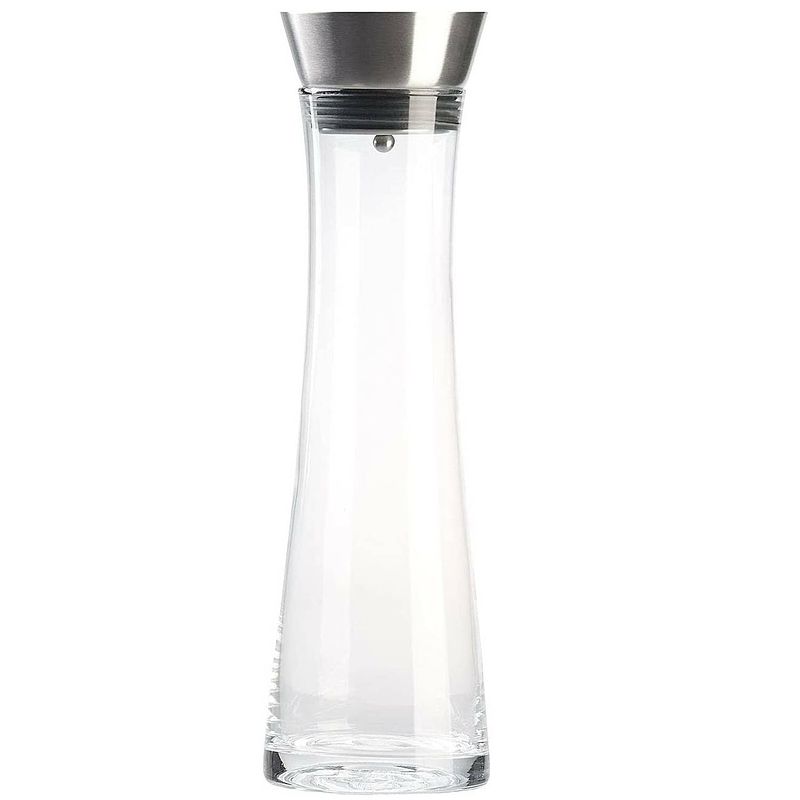 Foto van Karaf - waterkan - rvs zeef - glas - 9.5 x 30 cm - 1 liter