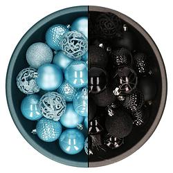 Foto van Decoris kerstballen - 74x st - zwart en ijsblauw - 6 cm - kunststof - kerstbal