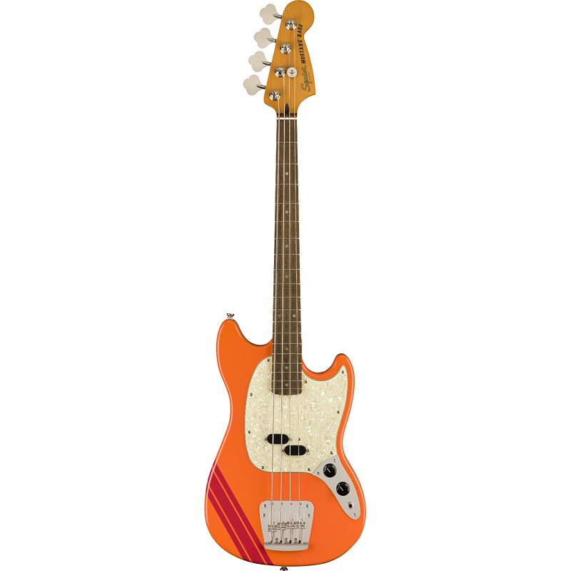 Foto van Squier fsr classic vibe 's60s competition mustang bass capri orange dakota red stripes il elektrische basgitaar