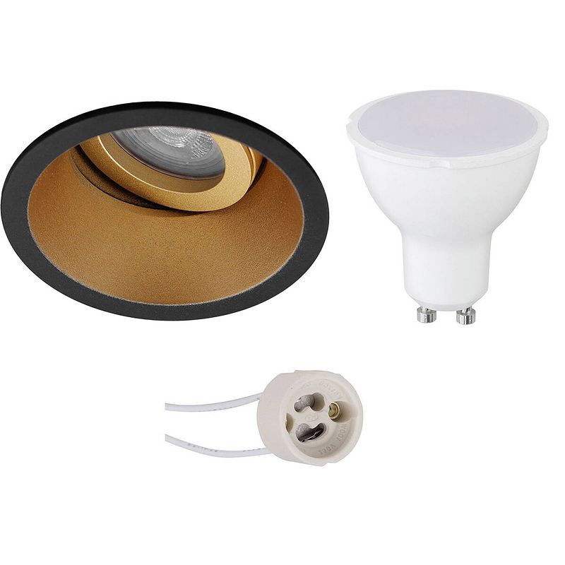 Foto van Led spot set - pragmi zano pro - gu10 fitting - dimbaar - inbouw rond - mat zwart/goud - 6w - natuurlijk wit 4200k -