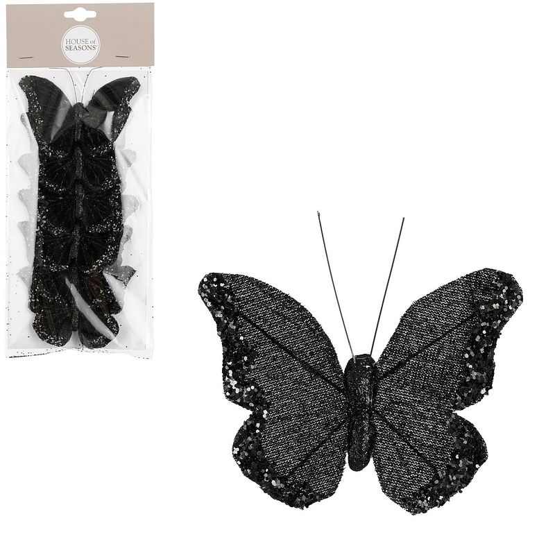 Foto van House of seasons kerst vlinders op clip - 6x st- zwart glitter - 10 cm - kersthangers