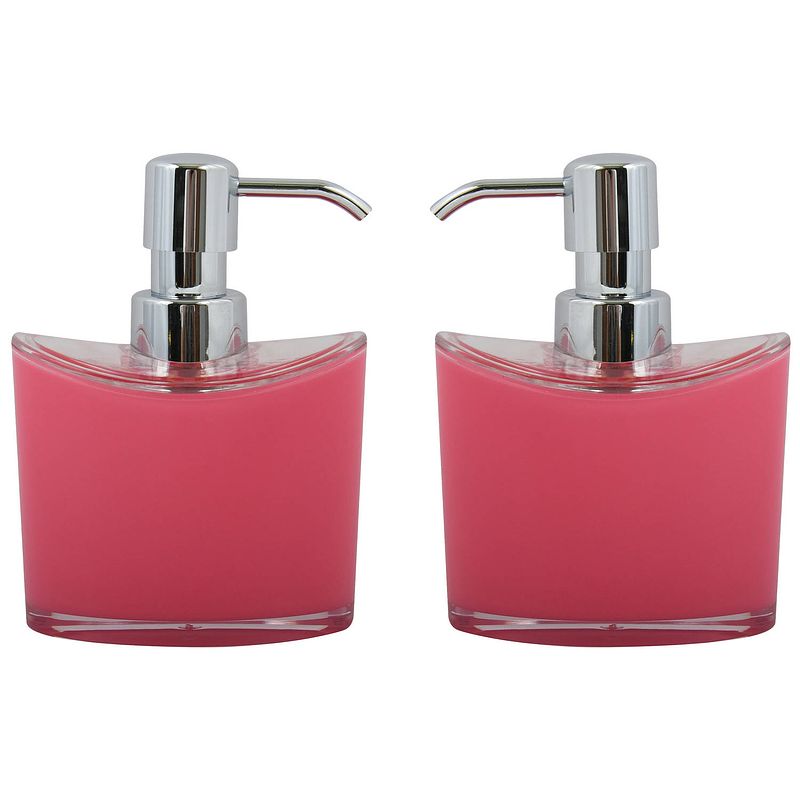 Foto van Msv zeeppompje/dispenser aveiro - 2x - ps kunststof - fuchsia roze/zilver - 11 x 14 cm - 260 ml - zeeppompjes