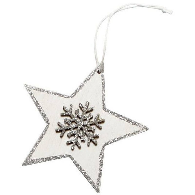 Foto van Magic deco kersthanger star 8 cm hout wit/zilver