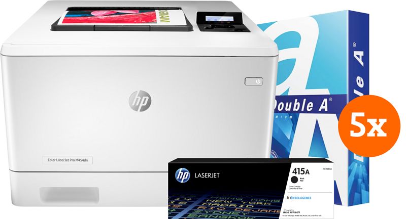 Foto van Hp color laserjet pro m454dn + 1 extra zwarte toner + 2.500 vellen a4 papier