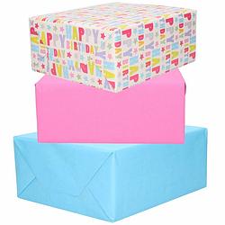 Foto van 3x rollen kraft inpakpapier roze/lichtblauw/happy birthday 200 x 70 cm - cadeaupapier