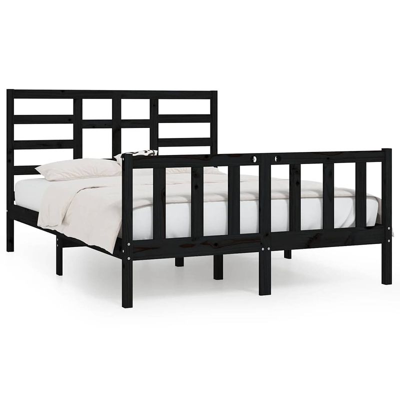 Foto van The living store houten bedframe - zwart - 205.5 x 146 x 104 cm - massief grenenhout