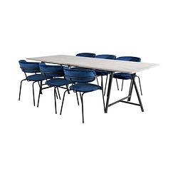 Foto van Jepara eethoek eetkamertafel teakhout en 6 arrow eetkamerstal velours blauw.