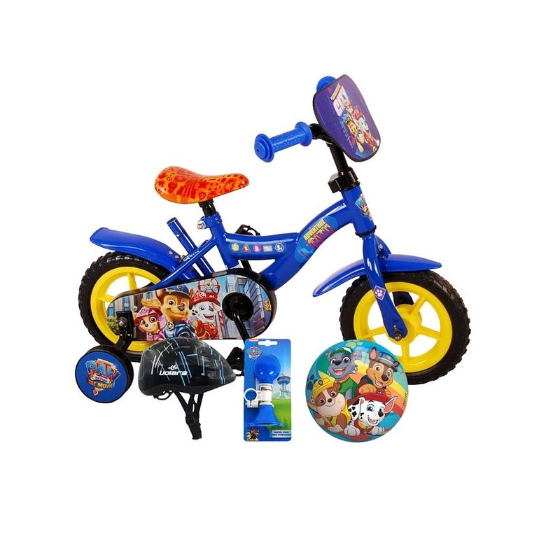 Foto van Volare kinderfiets paw patrol - 10 inch - blauw - doortrapper - met fietshelm en accessoires