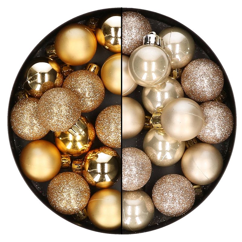 Foto van 28x stuks kleine kunststof kerstballen champagne en goud 3 cm - kerstbal