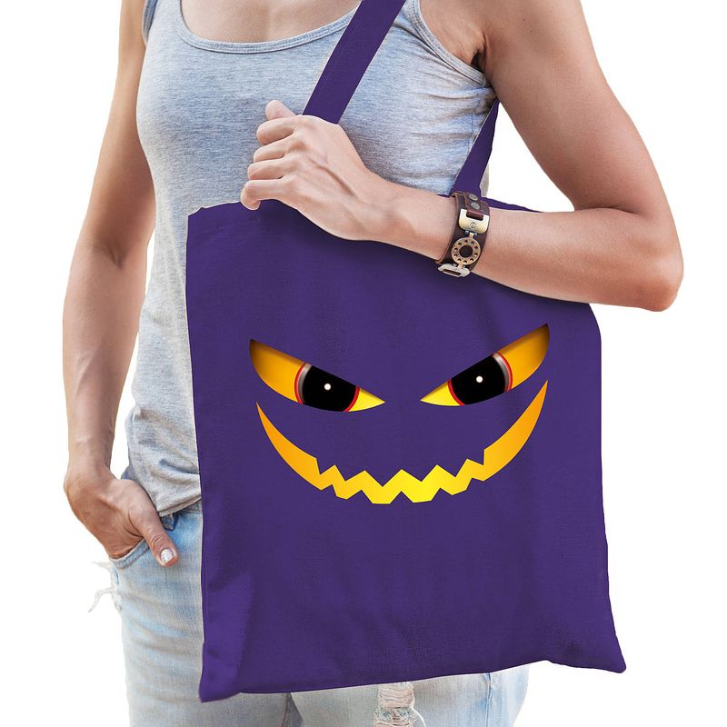 Foto van Bellatio decorations halloween tas/shopper - paars - katoen - 42 x 38 cm - duivel gezicht - verkleedtassen