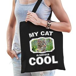 Foto van Katoenen tasje my cat is serious cool zwart - bruine katten / katten cadeau tas - feest boodschappentassen