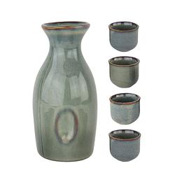 Foto van Orange85 sake set - voor rijstwijn - 5-delig - van aardewerk - met 4 kopjes - en een fles - blauw