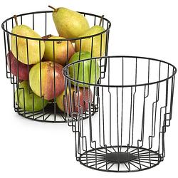 Foto van Set van 2x stuks ronde fruitschaal/fruitschalen hoog van metaal zwart 24 cm - fruitschalen