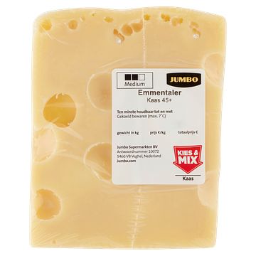 Foto van 3 voor € 6,00 | jumbo franse emmentaler harde kaas 45+ ca. 140g aanbieding bij jumbo