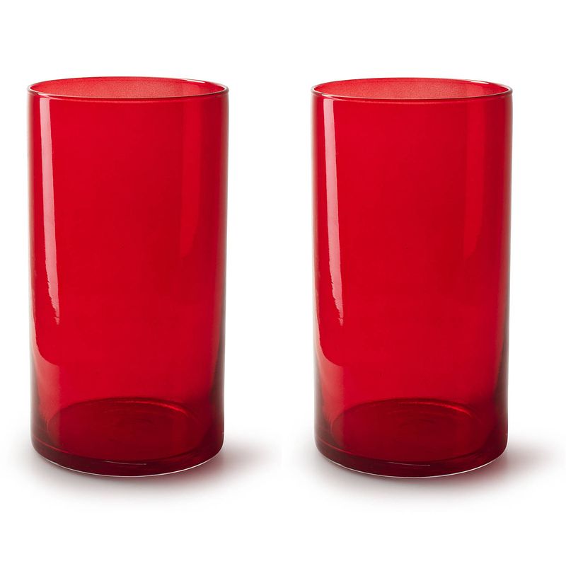 Foto van 2x stuks bloemenvazen - cilinder model glas - rood/transparant - h30 x d15 cm - vazen