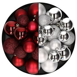 Foto van Kerstballen 60x stuks - mix donkerrood/zilver - 4-5-6 cm - kunststof - kerstbal