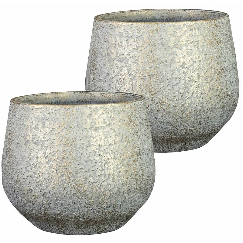 Foto van 2x stuks plantenpot/bloempot keramiek metallic zilvergrijs/gold finish - d19/h16 cm - plantenpotten