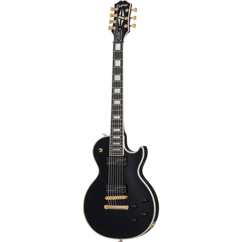 Foto van Epiphone matt heafy origins les paul custom 7-string ebony 7-snarige elektrische gitaar met koffer